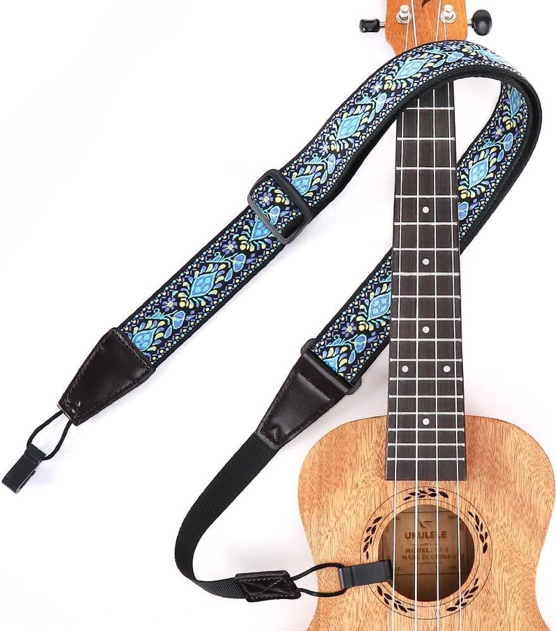 EYESHOT Ukulele Strap No Drill, Adjustable Double J Hook Clip on Uke Shoulder Strap, Hawaiian Jacquard Blue Flower Hands Free Ukelele Strap, Easy to Use and Fit Most Standard Uke Sizes - Image 1